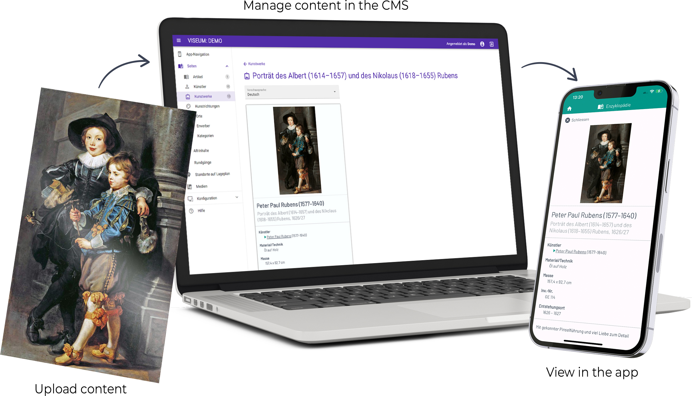 Upload content; Manage content in the CMS; View in the app